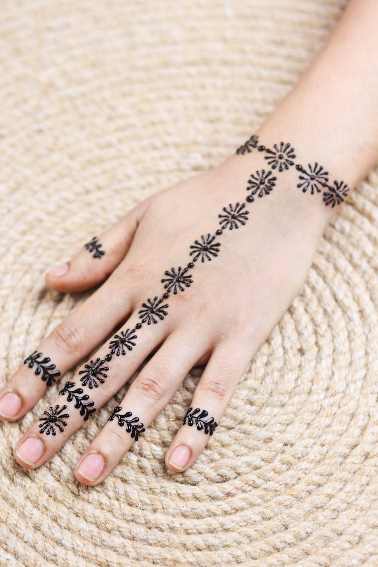 Close-up of a hand adorned with intricate henna designs, showcasing traditional body art.