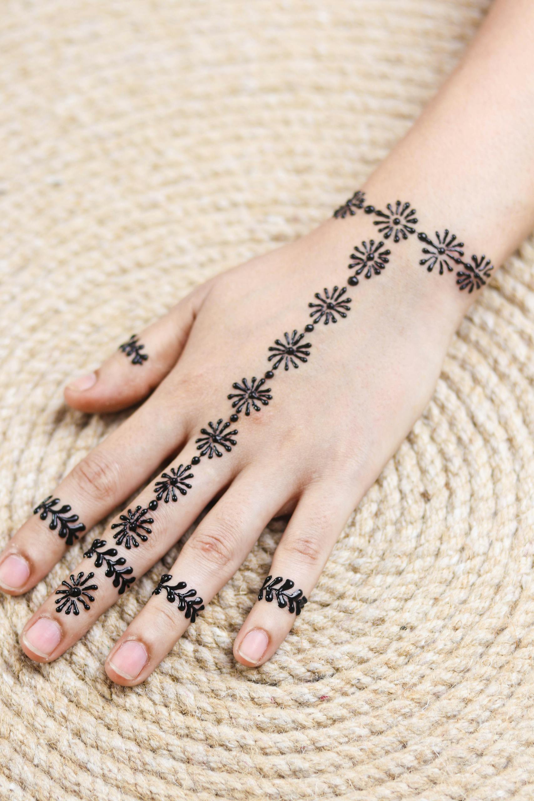 Close-up of a hand adorned with intricate henna designs, showcasing traditional body art.